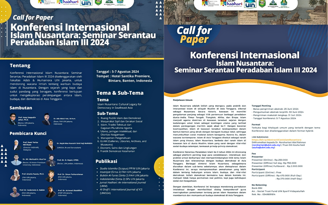 Call For Papers – Konferensi InternasionaI Islam Nusantara: Seminar Serantau Peradaban Islam III (SSPI 2024)