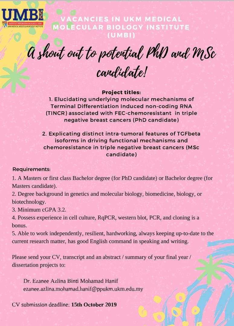 Postgraduate Vacancies At UMBI - Sep/Oct 2019 | UKM Medical Molecular ...