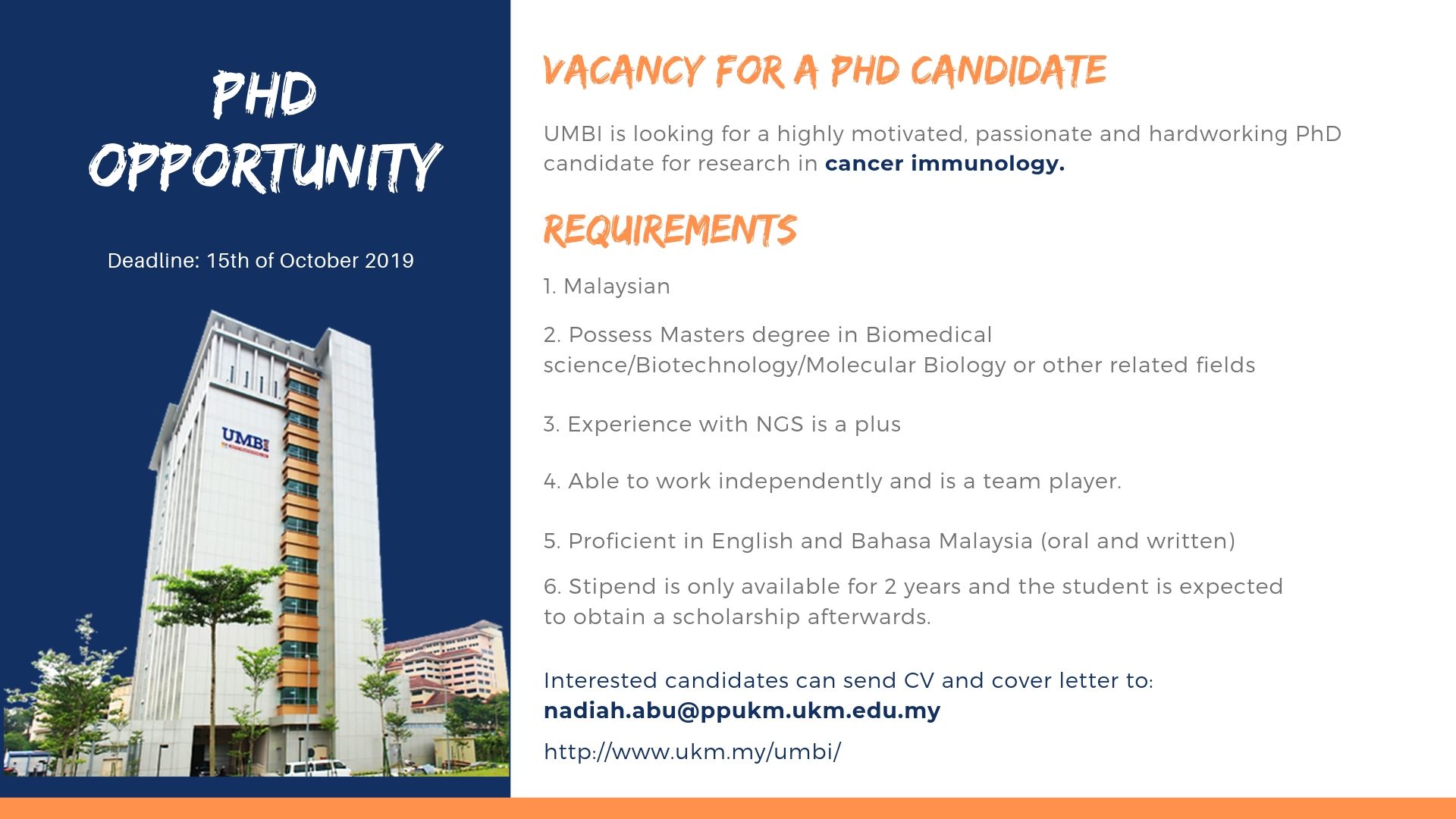 Postgraduate Vacancies At UMBI - Sep/Oct 2019 | UKM Medical Molecular ...