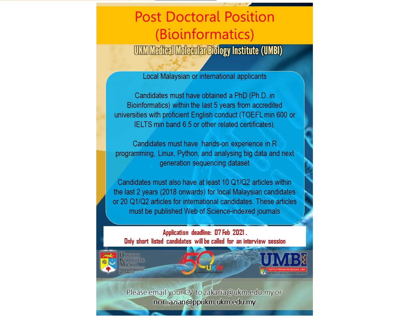 Vacancy Post Doctoral Bioinformatics Ukm Medical Molecular Biology Institute