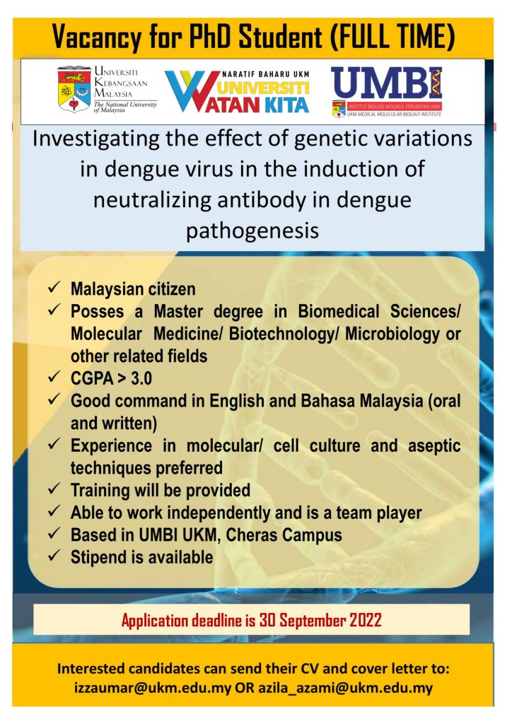 Vacancy For PhD Student (Full Time) | UKM Medical Molecular Biology ...