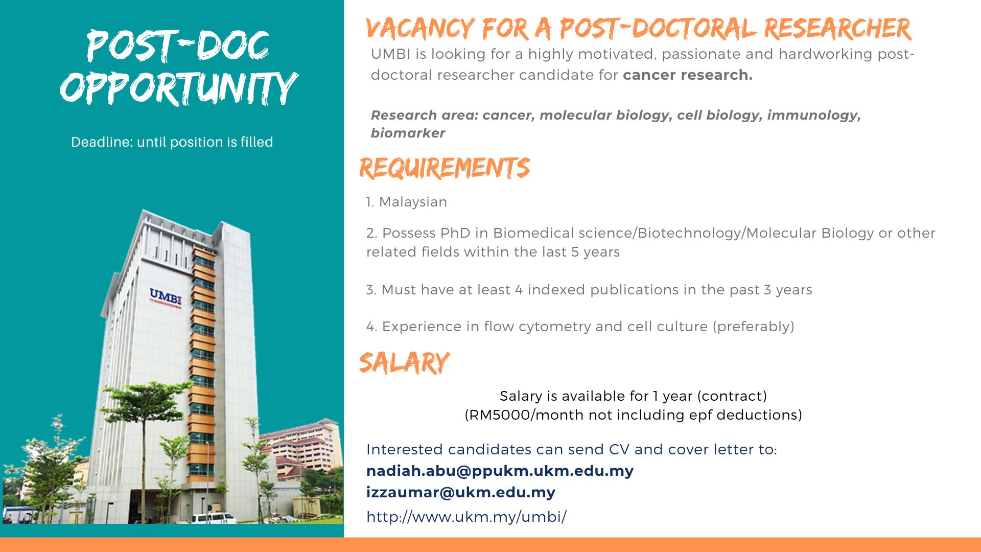 Vacancy For PhD Candidate (Full Time) | UKM Medical Molecular Biology ...